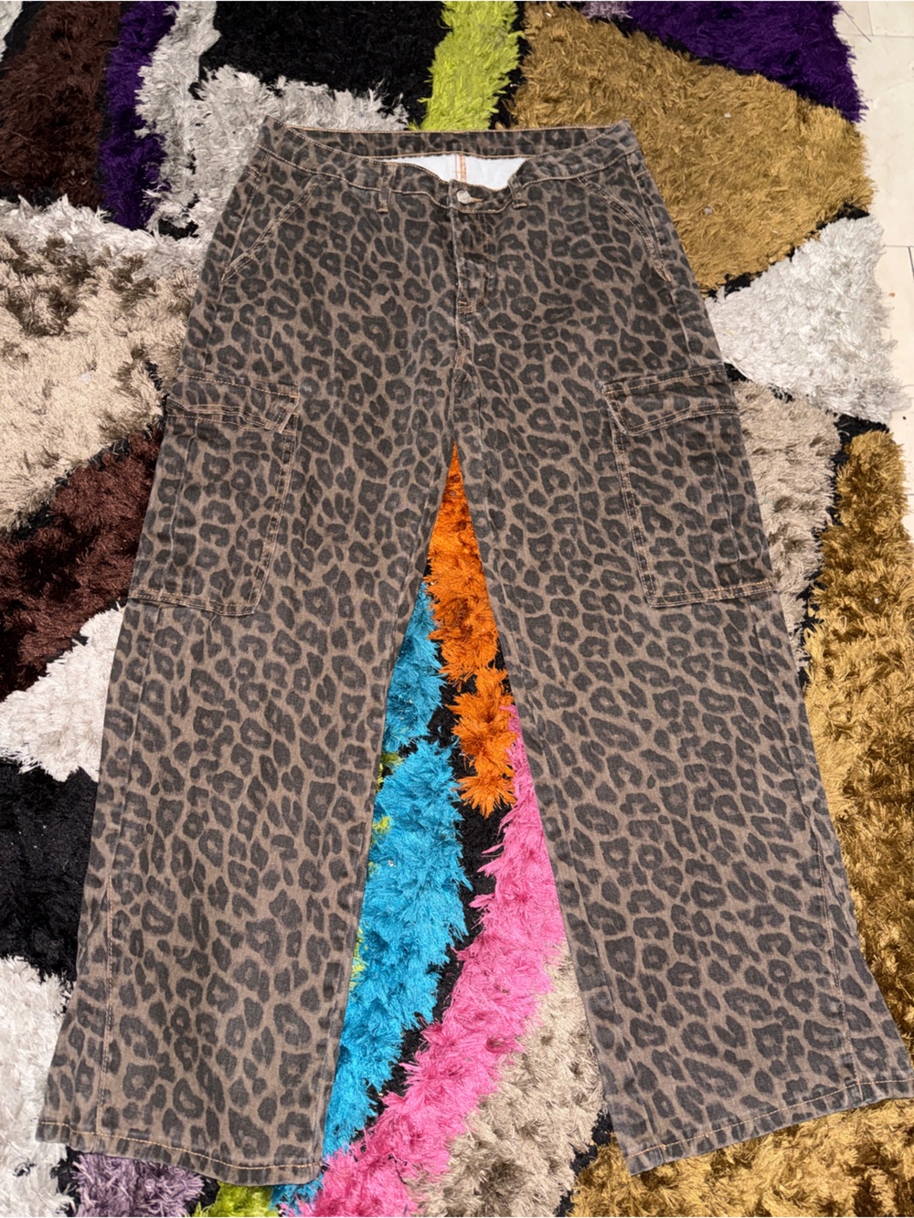 Leopard Print Wide Leg Cargo Pants - Brown
